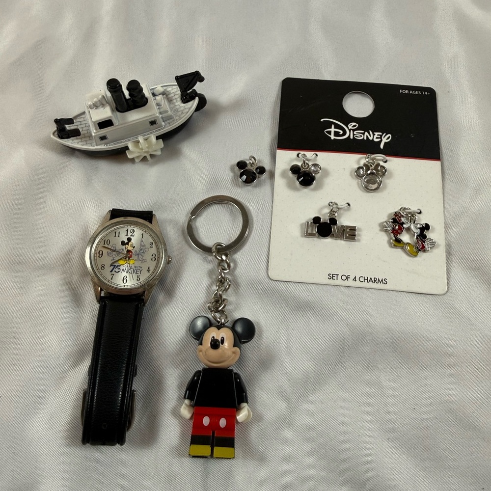 Disney Mickey Mouse Accessories Bundle Watch Keychain Charms Hot Wheel Steamboat